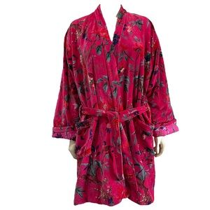 OFMD Pink Stylish Bird Velvet Banyan Fabric Kimono Break Up Robe Jacket Boho